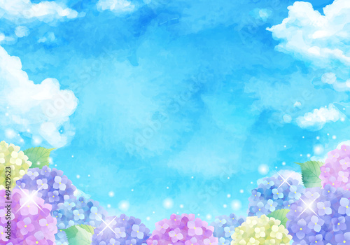 青空と虹とアジサイの梅雨のベクターイラスト背景 水彩 Art Holiday Background Vector Sky Summer Watercolor Hydrangea Rainbow Rain Rainy Season Background Canvas Print Backgrou Honyojima