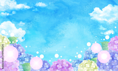 青空と虹とアジサイの梅雨のベクターイラスト背景 水彩 Art Holiday Background Vector Sky Summer Watercolor Hydrangea Rainbow Rain Rainy Season Background Canvas Print Backgrou Honyojima