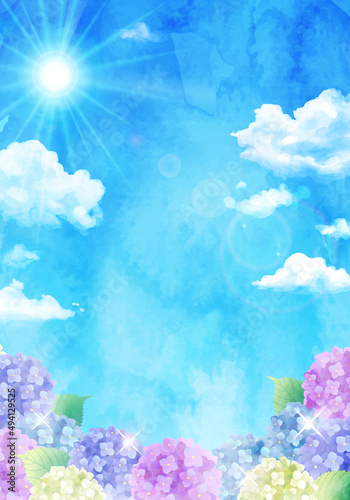 青空と虹とアジサイの梅雨のベクターイラスト背景 水彩 Art Holiday Background Vector Sky Summer Watercolor Hydrangea Rainbow Rain Rainy Season Background Canvas Print Backgrou Honyojima
