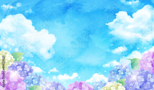 青空と虹とアジサイの梅雨のベクターイラスト背景 水彩 Art Holiday Background Vector Sky Summer Watercolor Hydrangea Rainbow Rain Rainy Season Background Canvas Print Backgrou Honyojima