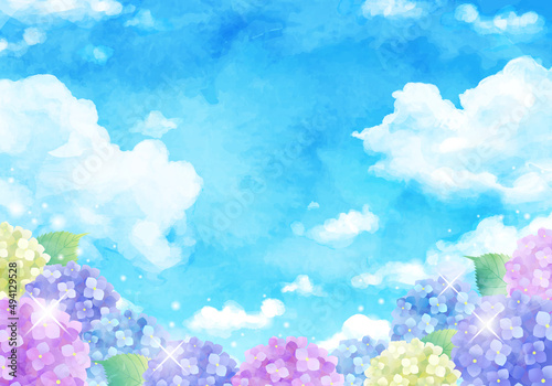 青空と虹とアジサイの梅雨のベクターイラスト背景 水彩 Art Holiday Background Vector Sky Summer Watercolor Hydrangea Rainbow Rain Rainy Season Background Canvas Print Backgrou Honyojima