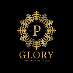 Fototapeta premium letter P glory crest luxury circular plants vintage vector logo design