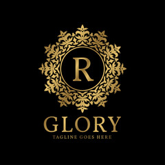letter R glory crest luxury circular plants vintage vector logo design