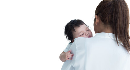 Rear view of Asian mother putting baby girl to sleep on the shoulder on white background with copy space.