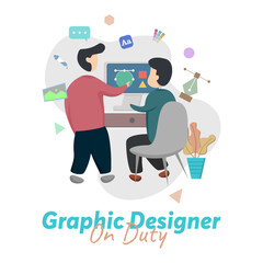 Graphic designer on duty with computer desk and design ornaments