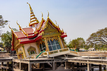 Buddhist temple Wat Khao Saphan Park fall down inside a concrete construction in water tank, Thailand.