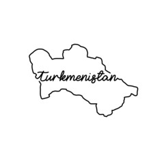 Turkmenistan outline map with the handwritten country name. Continuous line drawing of patriotic home sign. A love for a small homeland. T-shirt print idea. Vector illustration.