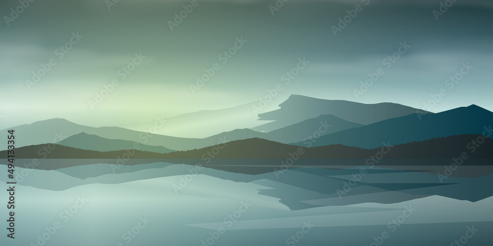 Canvas Prints mountain and lake landscape vector illustration with sunrise and sunset