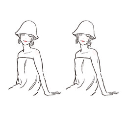 サウナハットを着けてサウナに入る女性。ロングヘアで目を閉じて座っている。