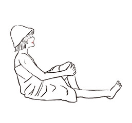 サウナハットを着けてサウナに入る女性。ボブヘアで目を閉じて座っている全身のイラスト。