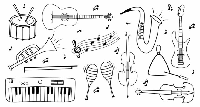 Set of musical instruments in doodle style. Violin, guitar, synthesizer, drum, electric guitar and saxophone.