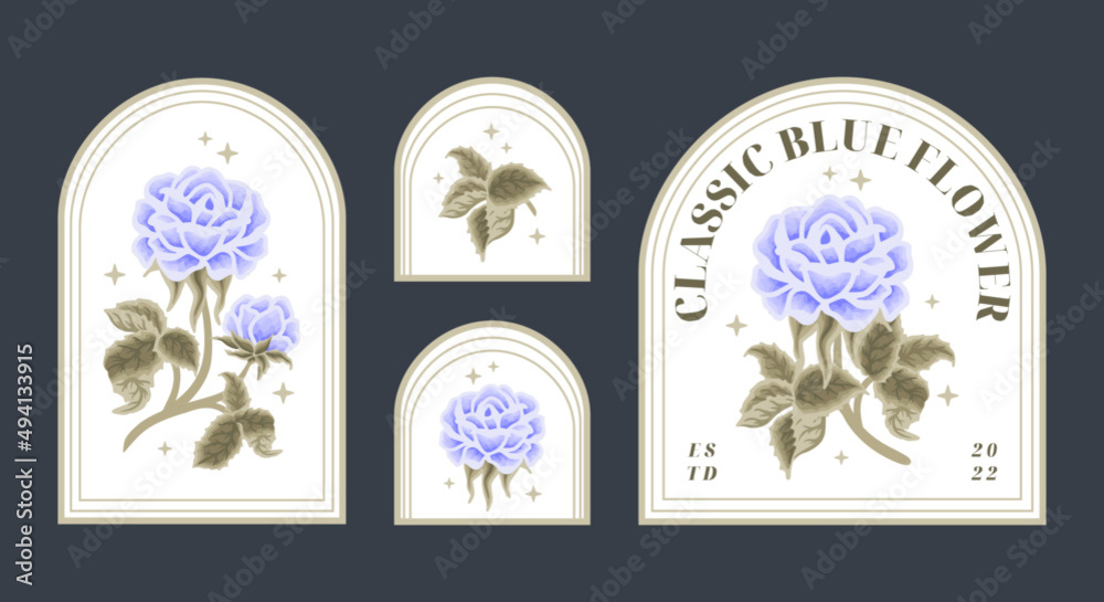 Wall mural Set of vintage blue rose floral feminine logo elements and beauty product label vector illustration templates with leaf branch and frame