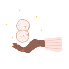 Washable cotton pad in african female hand. Organic makeup remover wipe. Eco friendly products for skin care. Zero waste concept. Save the planet. Vector illustration in flat cartoon style.