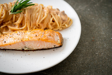grilled salmon with spaghetti creamy tomato sauce