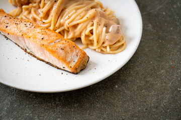 grilled salmon with spaghetti creamy tomato sauce