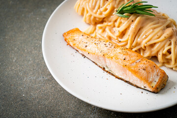 grilled salmon with spaghetti creamy tomato sauce