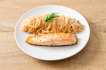grilled salmon with spaghetti creamy tomato sauce
