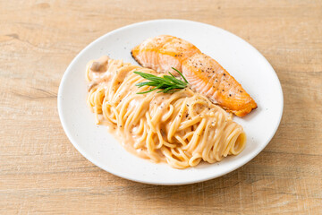 grilled salmon with spaghetti creamy tomato sauce