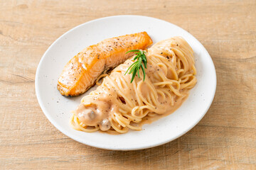 grilled salmon with spaghetti creamy tomato sauce