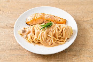 grilled salmon with spaghetti creamy tomato sauce