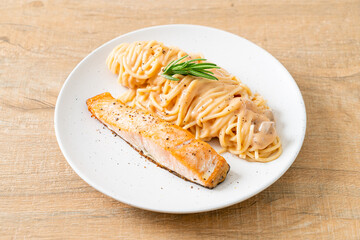 grilled salmon with spaghetti creamy tomato sauce