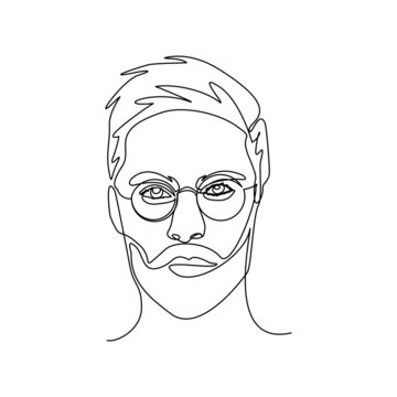 Continuous Singe One Line Drawing Of Portrait Handsome Man Use Eye Glasses Vector Illustration