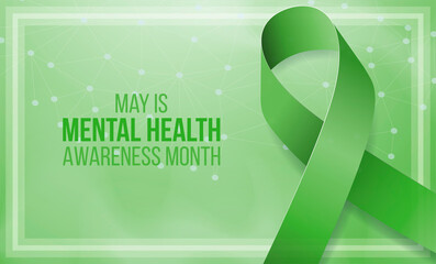 Mental health awareness month concept. Banner template with green ribbon and text