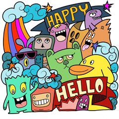 hand drawn many monsters with ribbons hello and happy