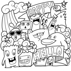 hand drawn doodle many monsters with ribbons hello and happy