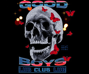 Laughing silver demon skull illustration