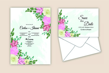 Wedding invitation card with blooming peony and roses flower watercolor Premium Vector