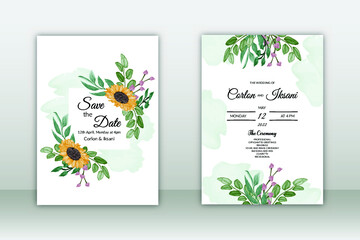 Wedding invitation card with blooming peony and roses flower watercolor Premium Vector
