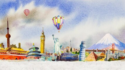 Landmark advertising painting animation travel famous landmarks of the worlds, Travel around the world in animation with airplane and balloons popular tourist attraction. Illustration animate 2k.