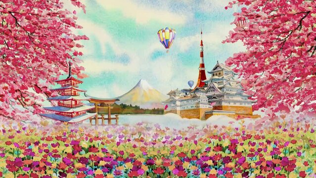 Travel landmark Japan with paintings animation 2k style to Tokyo with spring sakura flowers and airplane, balloon, Tour landmarks Japan with animation rendering watercolor painting background