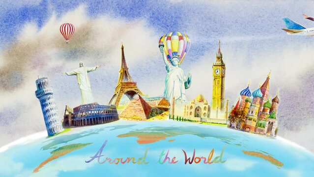 Landmark painting animation travel famous landmarks of the worlds, Travel with world map in animation 2k popular tourist attraction. Illustration animate with urban and capital popular of the world.