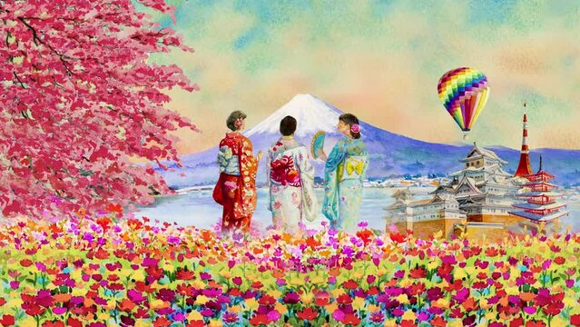 Travel landmark Japan with paintings animation 2k style to Tokyo with Japanese lady in kimono with sakura flowers and airplane, balloon, Watercolor painting landmarks Japan Kyoto with rendering anime.