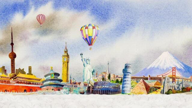 Landmark advertising painting animation travel famous landmarks of the worlds, Travel around the world in animation with airplane and balloons popular tourist attraction. Illustration animate 2k.