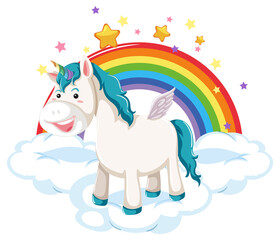 Blue unicorn standing on a cloud with rainbow