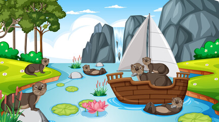 Fototapeta premium River in the forest scene with beavers on a sailboat