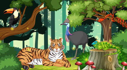 Scene with wild animals in deep forest