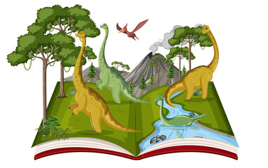 Book with scene of dinosaurs in the woods