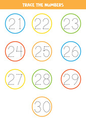 Tracing numbers from 21 to 30. Writing practice for kids.