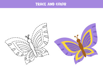 Trace and color cartoon butterfly. Worksheet for children.