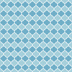 Fototapeta na wymiar Blue Moroccan pattern with white edge. White border on blue surface.