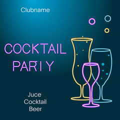 Flyer for night cocktail party. Neon sign, bright alcoholic signboard