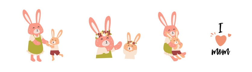 Happy Mother's Day cute cartoon character collection  flat vector illustration isolated on white background. Happy family with mother and daughter with calligraphy, heart and floral decoration.