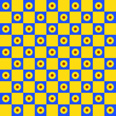Ukraine flag color checker pattern. Yellow and blue checker pattern with sunflower symbol. Peace for Ukraine.