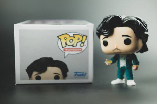 Samut Prakan, Thailand - March 22, 2022 : Funko Pops X Squid Game, The player with the number 456 from squid game of the new Netflix show