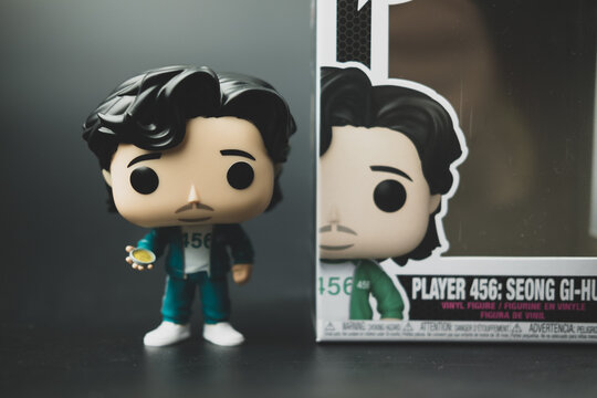Samut Prakan, Thailand - March 22, 2022 : Funko Pops X Squid Game, The player with the number 456 from squid game of the new Netflix show