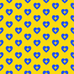 Fototapeta na wymiar Blue hearts pattern on yellow background. Graphic blue hearts whit yellow cross on yellow backdrop. Love symbols on Valentine's day.